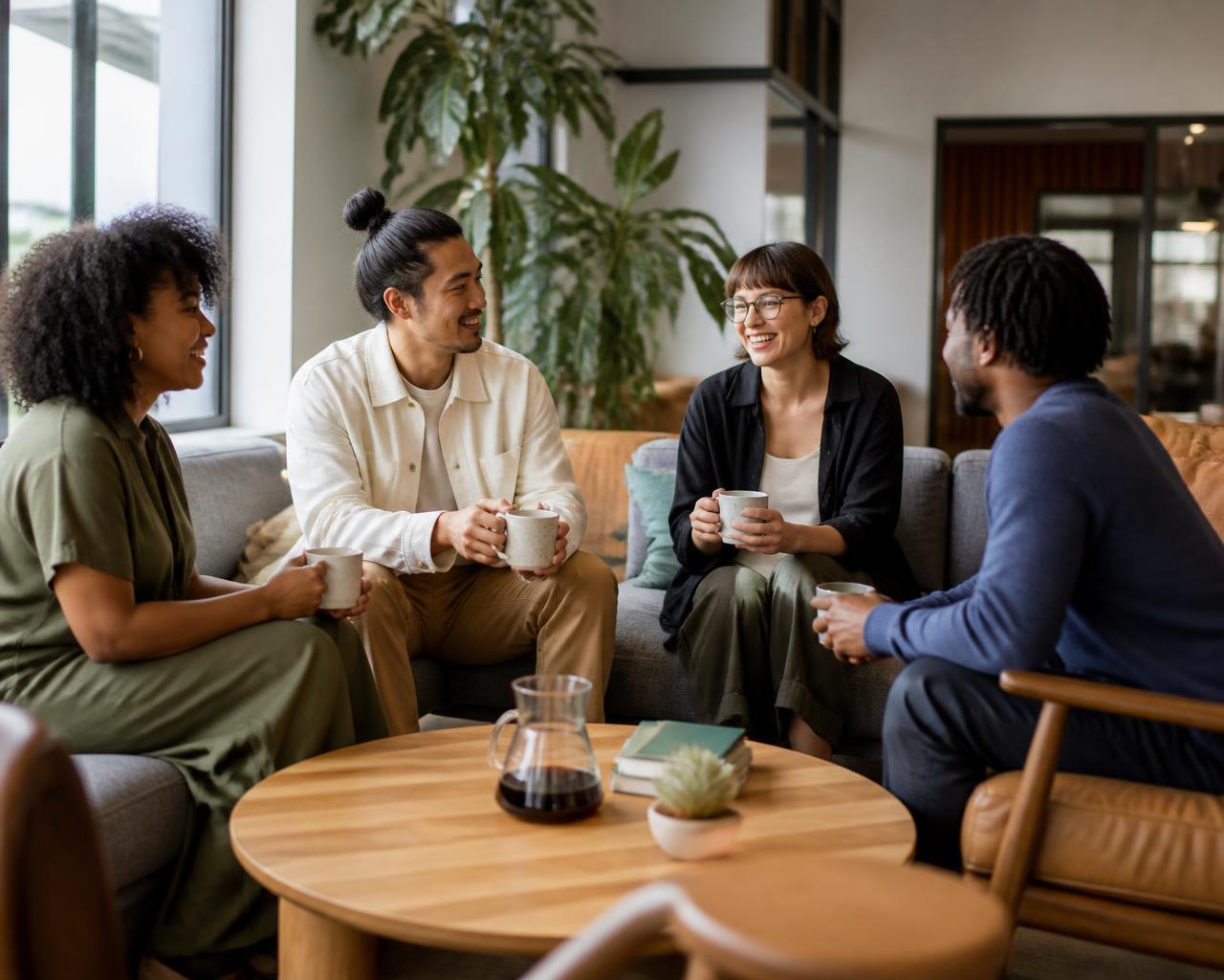 Coworkers enjoying coffee and conversation together during a break in a bright modern workplace